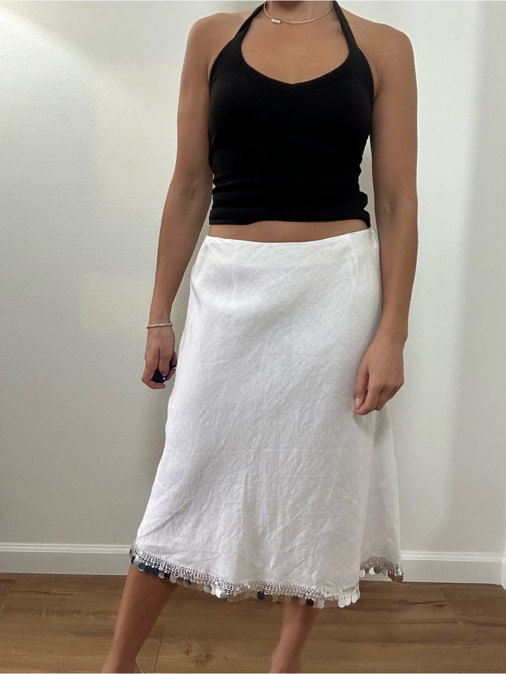 Richard Malcolm Irish Linen White Midi Skirt with Silver Sequin Trim Size 10 - Picture 3 of 14